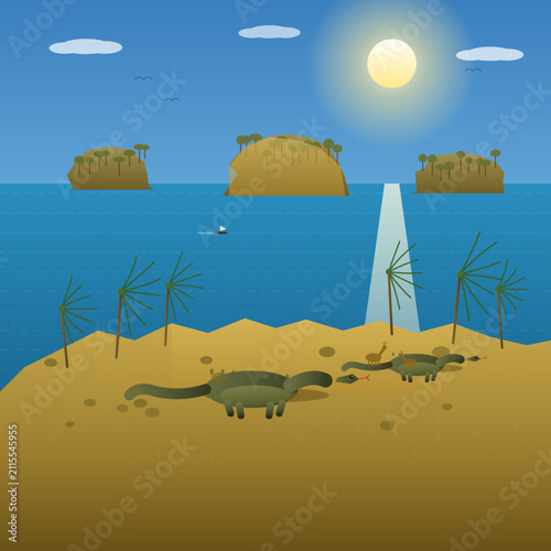 Komodo Dragons Resting on a Tropical Island Coastline Under the Bright Sun