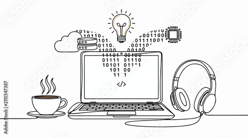 World Programmers Day Continuous Line Art Laptop Binary Code Idea and Headphones Illustration