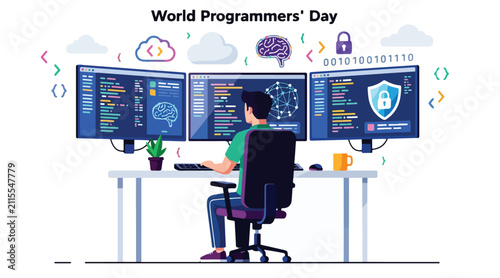 World Programmer's Day celebration with developer coding software at multi monitor workstation