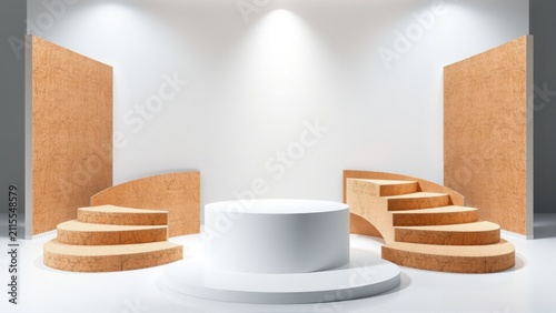 Minimalist stage setup. White room features central cylinder, stepped platforms, textured walls. Lighting highlights presentation space.