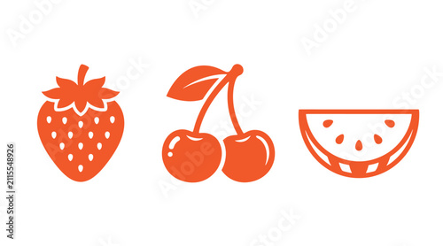 Orange icon set of strawberry cherries and watermelon slice with strawberry cherries watermelon illustration minimalist nutrition vitamins ingredient stylized collection