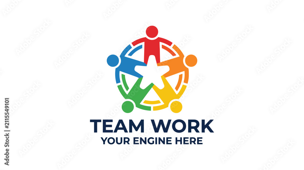 Fototapeta premium Colorful Teamwork Star Logo Concept with People Holding Hands.