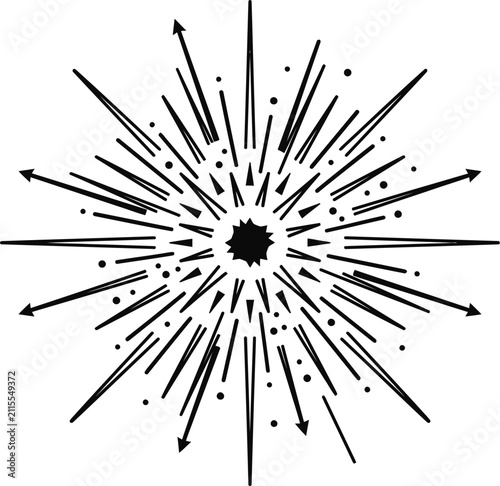 Abstract Sunburst Explosion Icon with Radial Rays and Dots.