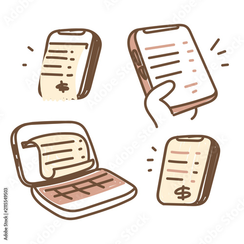 Hand Drawn Digital Receipt and Online Payment Icon Set Vector Doodle