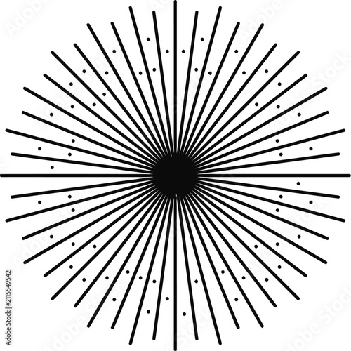 Abstract circular radial sunburst design with radiating lines and scattered dots.