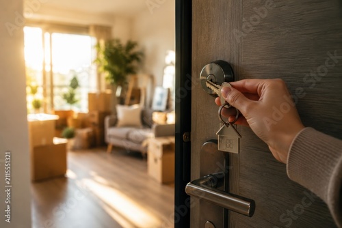 Hand holding key unlocking modern home door. Person entering stylish contemporary living room with natural light.