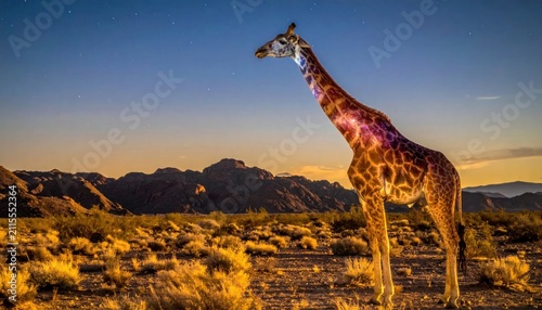 Giraffe standing in savannah at sunset.