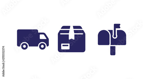 Mail and logistics vector icons showing delivery van package and traditional mailbox with delivery logistics shipping transport distribution transportation shipment business