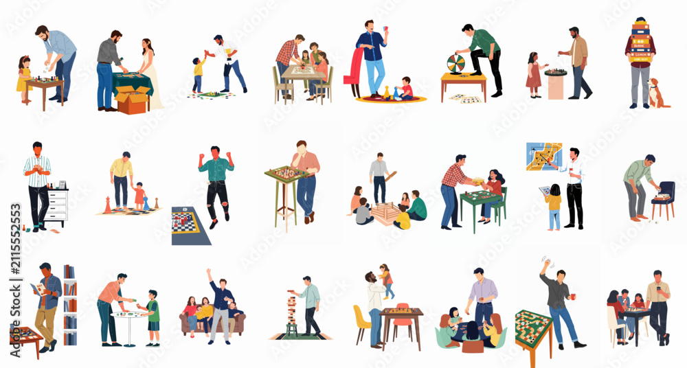Fototapeta premium Diverse collection of flat vector illustrations depicting families and people playing various board games, cards, and tabletop activities for leisure and bonding.