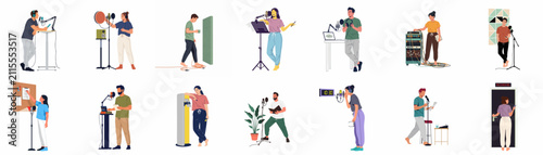 Quadro su tela Vector Illustration Set of Diverse People Recording Podcasts, Voiceovers, and Au