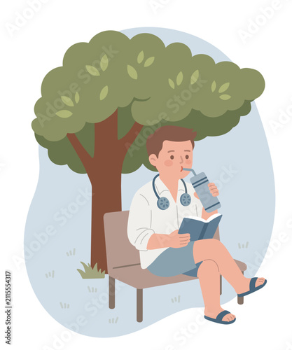 Illustration of Young Man Wearing Portable Neck Fan Sitting on Bench Under Tree Shade, Reading Book and Drinking Water