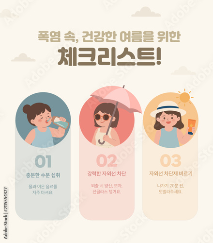 Summer Heatwave Safety Checklist Concept Illustration with Hydration, UV Protection, and Sunscreen Tips