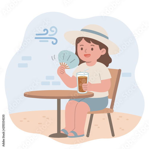 llustration of Young Woman Wearing Sun Hat Sitting at Outdoor Cafe Table with Iced Coffee and Hand Fan to Cool Down in Summer