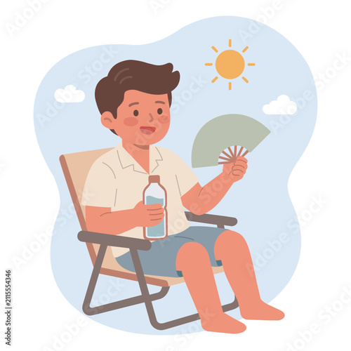 Illustration of Young Man Sitting on Chair Holding Water Bottle and Hand Fan to Cool Down in Hot Summer Weather