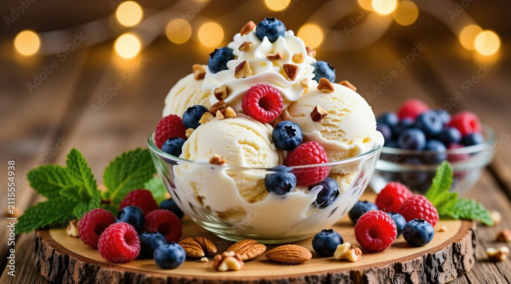 Fototapeta premium Vanilla ice cream scoops in glass bowl topped with whipped cream fresh blueberries, raspberries with chopped nuts. Sweet frozen treat sits on wooden board with rustic background, soft bokeh lights.