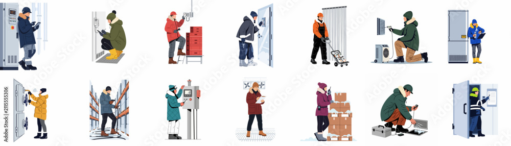 Obraz premium Illustrations of professional workers in winter gear performing maintenance, inspections, and logistics tasks within cold storage and industrial warehouse environments.