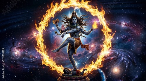 The powerful deity Lord Shiva performs the cosmic Tandava dance of creation and destruction amidst
galaxies.