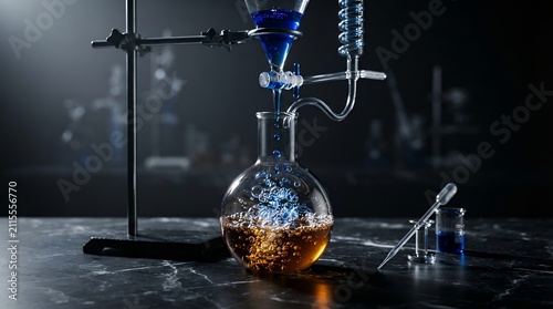 Scientific glassware with chemical reaction in dark laboratory