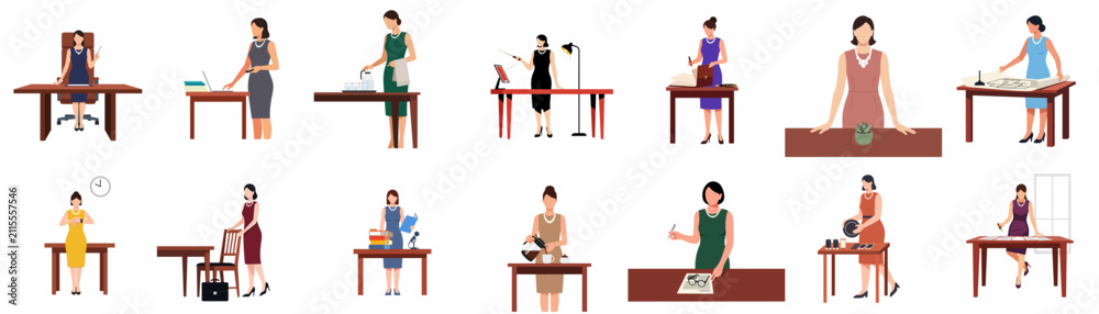 Fototapeta premium Collection of Flat Vector Illustrations Showing a Professional Business Woman Engaged in Various Office Tasks and Corporate Roles.