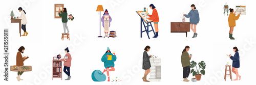 Принти на полотні Set of illustrations depicting women practicing goal setting, planning, and self-improvement activities in a cozy home environment for personal growth and productivity