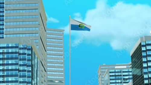 San Marino Flag 3D Render Animation with Urban Architecture and Clear Blue Sky
