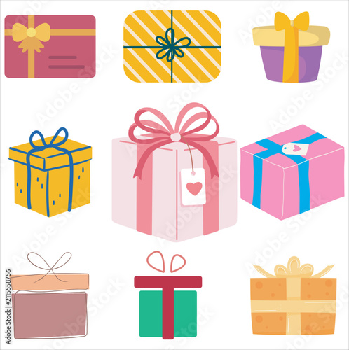 Set of colorful flat vector gift boxes with ribbons and bows for celebrations