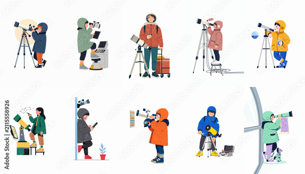 Fototapeta premium Set of flat vector illustrations depicting children and adults engaged in stargazing, astronomy, and space exploration with telescopes and high-tech equipment.