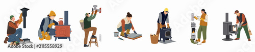 Flat vector illustration set of professionals and homeowners installing, cleaning, and maintaining wood-burning stoves and chimney systems on a white background.