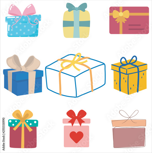 Set of colorful flat vector gift boxes with ribbons and bows for celebrations