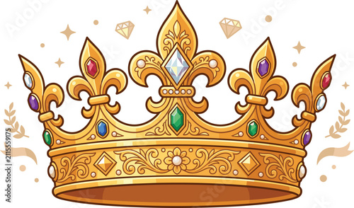 Foto Ornate golden royal crown vector illustration with sparkling colorful gems fleur