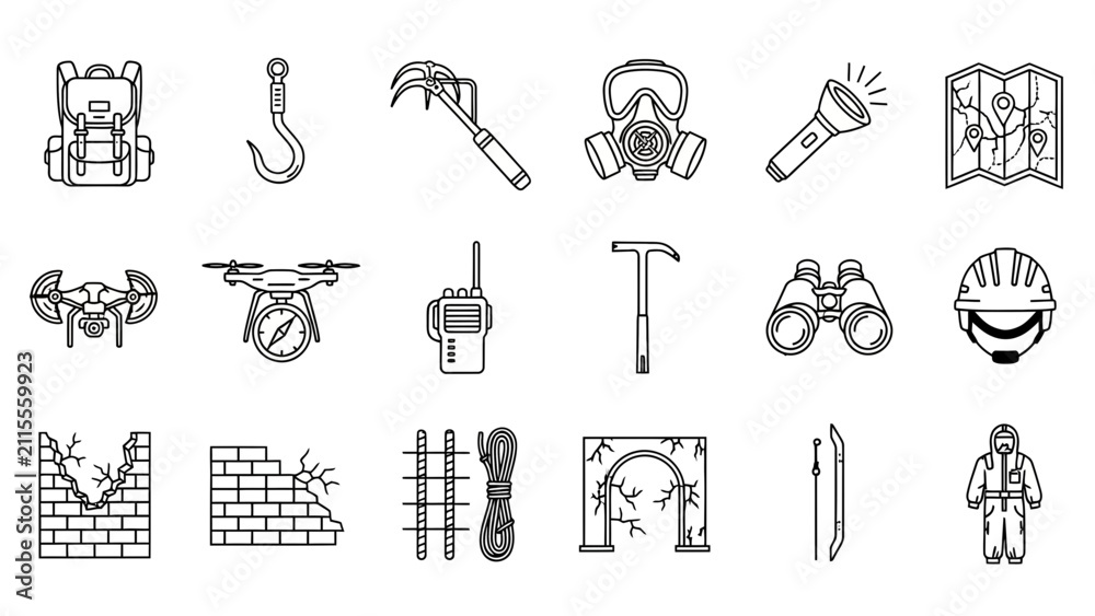 Obraz premium Rescue Equipment Icon Set: Search, Survival, and Safety Tools