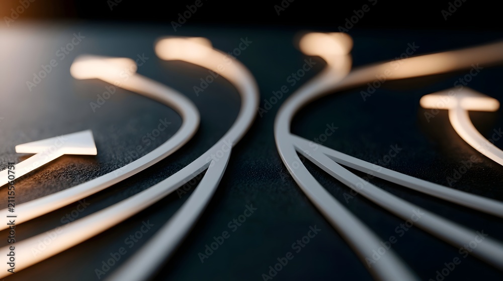 Obraz premium Abstract white arrows branching on dark textured surface symbolizing decision paths or directional flow in a minimalist design