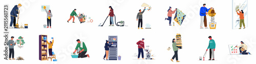 Quadro su tela Metaphorical illustrations of data cleaning and information management processes featuring characters sweeping, washing, and organizing digital data and complex information