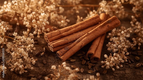 Warm Cinnamon Sticks Arranged with Dried Flowers and Twigs.