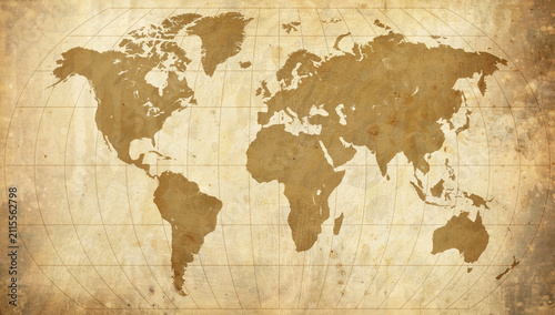 Vintage world map on old paper texture. Antique cartography background with aged parchment.
