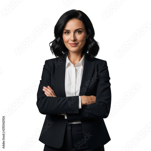 Confident businesswoman in a black suit standing with arms crossed isolated on transparent background