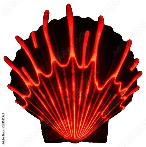 Glowing red neon seashell with spiky edges with transparent background
