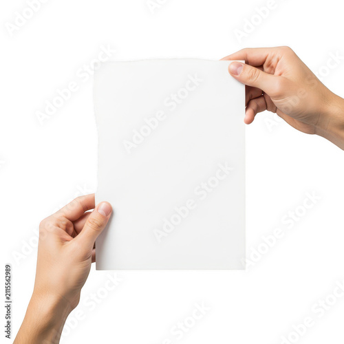 Two hands holding a blank piece of paper isolated on transparent background