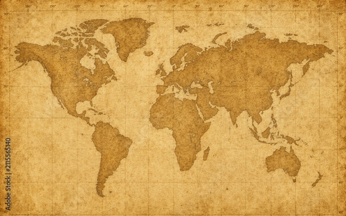 Vintage world map on aged parchment paper. Antique global cartography with retro texture.