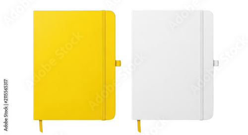 Yellow and white notebook journals with elastic bands isolated on transparent background