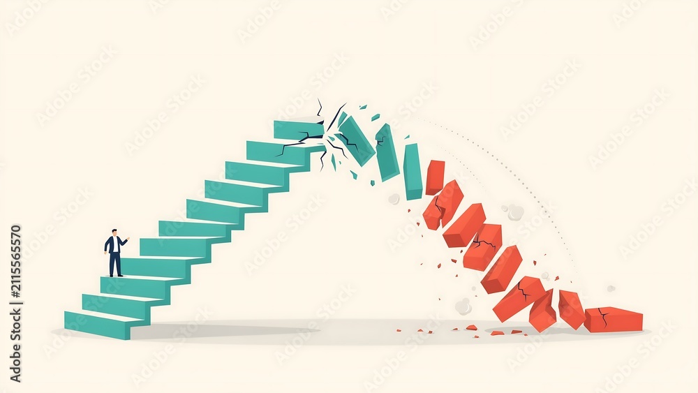Obraz premium Businessman standing on a teal staircase that is breaking and falling apart into red pieces on a light background.