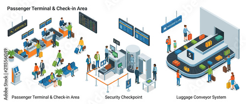 Airport Interior Isometric View: Check-in, Security, Baggage
