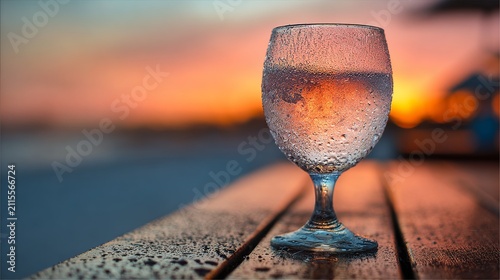 Crystal Wine Glass with Water Drops at Beach Sunset, Elegant Lifestyle Beverage Photography