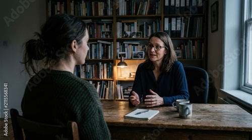 Focused Conversation Between Two Women in Study Room With Bookshelves Background