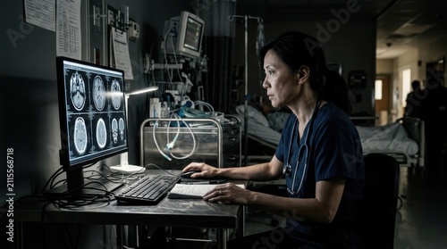 Focused Healthcare Professional Analyzing Medical Scans At Her Computer In A Hospital Setting