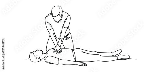 Man performing cpr on a person in continuous line art