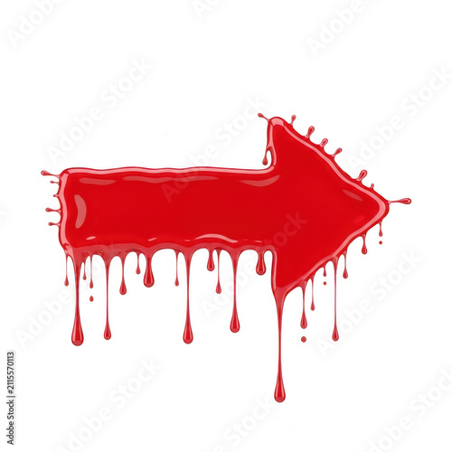 Red arrow sign with dripping paint texture isolated on transparent background