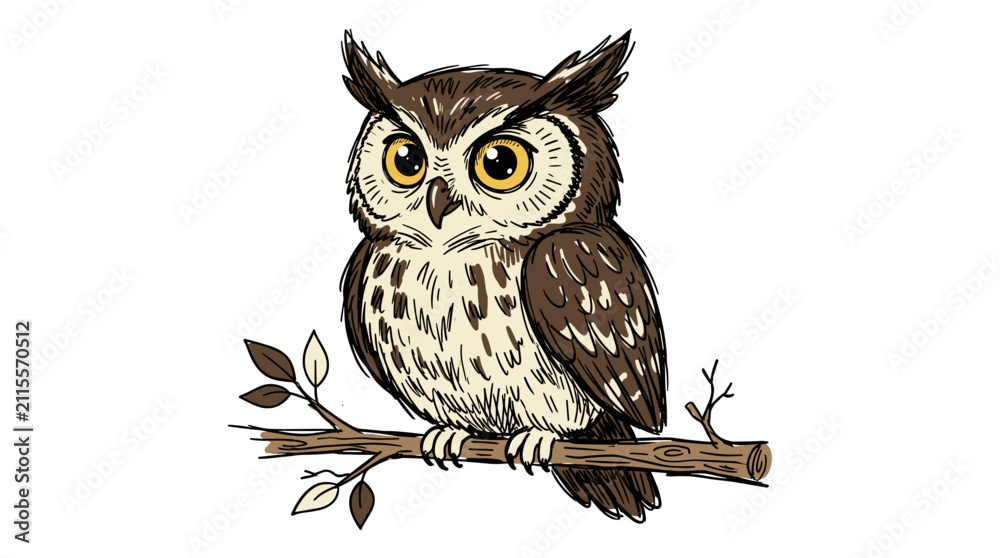 Obraz premium Detailed owl perched on tree branch with large yellow eyes and realistic feather texture