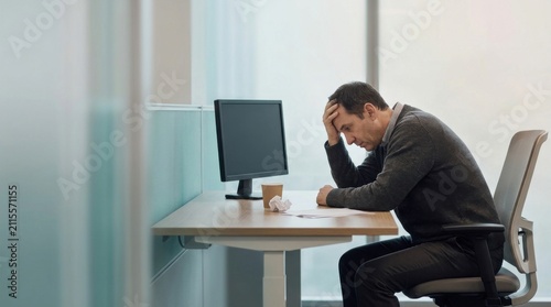 Frustrated Businessman Working Late At His Desk In Modern Office