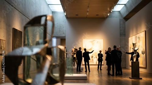 Visitors admire abstract art and sculptures in a modern museum gallery with diverse artworks on display